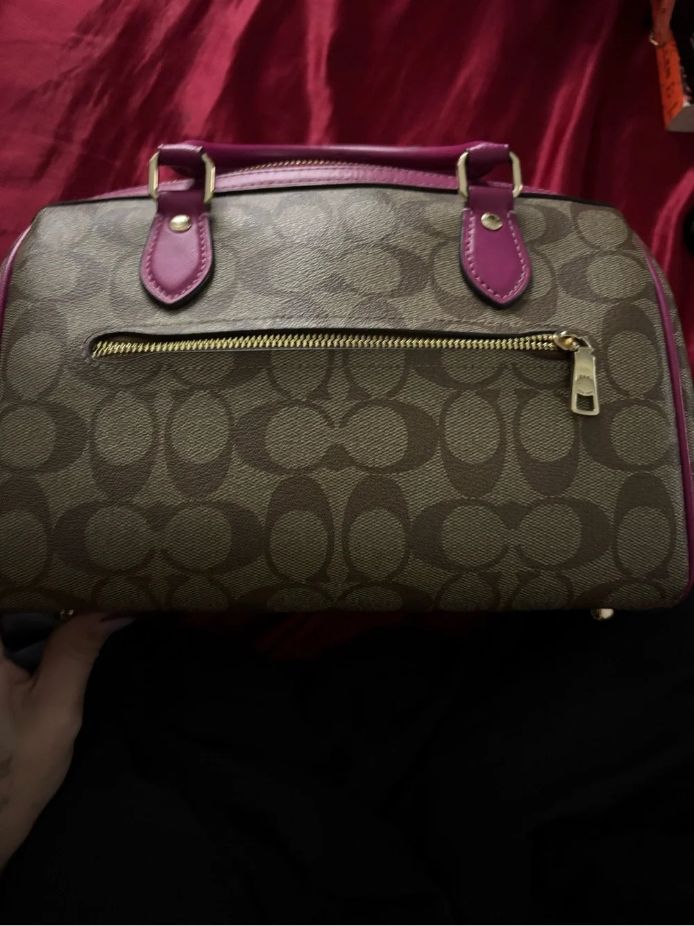 Coach Brown Signature Rowan Satchel with Pink Trim
